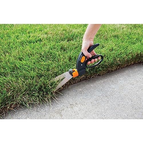 Fiskars Shear Ease Grass Shears - 5" Stainless Steel Blades - 360-Degree Swivel Blade Plant Cutting Scissors - Garden Shears and Grass Cutter, Black
