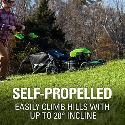 Greenworks 40V 21" Self-Propelled Mower,Axial Leaf Blower,12" String Trimmer with Batteries and Chargers