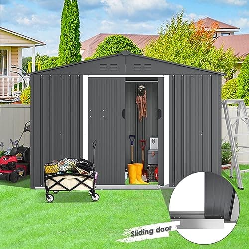 6x8 FT Outdoor Storage Shed, Metal Shed Kit with Double Doorknobs and Air Vents, Double Sloping Roof Garden Shed, Galvanized Shed with Sliding Door (Grey)