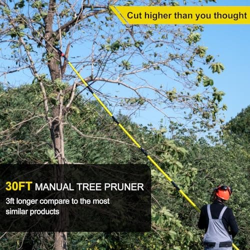 30 FT Manual Pole Saw for Tree Trimming, Extendable Tree Pruner with Sharp Steel Blade and Scissors for High Branches, Sturdy Design Ideal for Pruning Palms and Shrubs