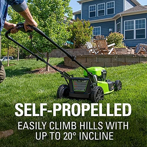 Greenworks 48V (2 x 24V) 21" Brushless Cordless (Self-Propelled) Lawn Mower (LED Headlight), (2) 5.0Ah Batteries and Dual Port Rapid Charger Included (125+ Compatible Tools)
