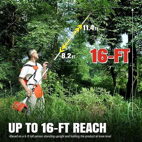 Pole Saw Gas Powered, 16-Foot Reach 42.7CC 2-Cycle 10-Inch Bar Cordless Extendable Long Trimmer Power Gasoline Chainsaw For Tree Hedge Trimming Bush Pruning, Regular Saw Head