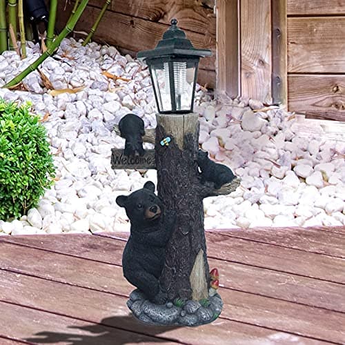 Bear Statue Welcome Sign Garden Statue with Solar Lights, 19 Inches Resin Bear Family on The Tree, Outdoor Bear Décor for Yard, Garden, Lawn, Patio, Black and Brown Animal Statue