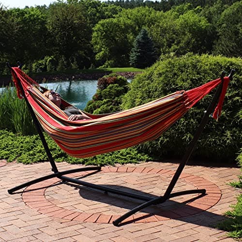 Sunnydaze Double Brazilian Hammock with Stand and Carrying Case - 400-Pound Capacity - Black Stand - Sunset