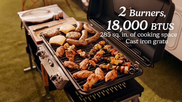 Cuisinart Prep ‘N Go Folding Gas Grill, Portable Stand-Up Propane Grill with Compact Fold and Storage Tote, Wheels and Side Table, 18,000 BTUs for Camping, Tailgating, Outdoor Cooking