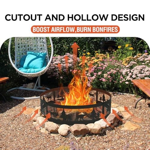 Red Mountain Valley 36 Inch Fire Pit Ring with 360° Forest & Wildlife Design, Portable Steel Wood Burning Firepit Ring for Outdoor Camping, Bonfires, Beach,Patio, fire Pit kit, Black