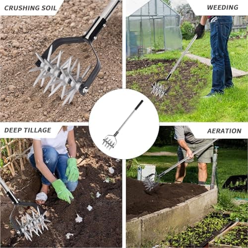 Rotary Garden Tool, Adjustable Hand Tiller, Long Handle Cultivator for Aerating, Weeding, Planting and Mixing Soil or Reseeding Grass