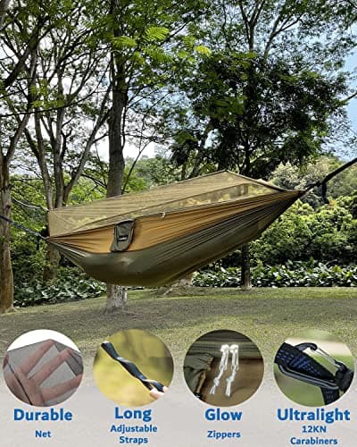Sunyear Camping Hammock, Portable Single & Double Hammock with Net, 2 Person Hammock Tent with 2 * 10ft Straps, Best for Outdoor Hiking Survival Travel