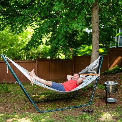 Sunnydaze Quilted Outdoor Hammock with Spreader Bars - Heavy-Duty 450-Pound Capacity Double Hammock for Outside - Khaki Stripe
