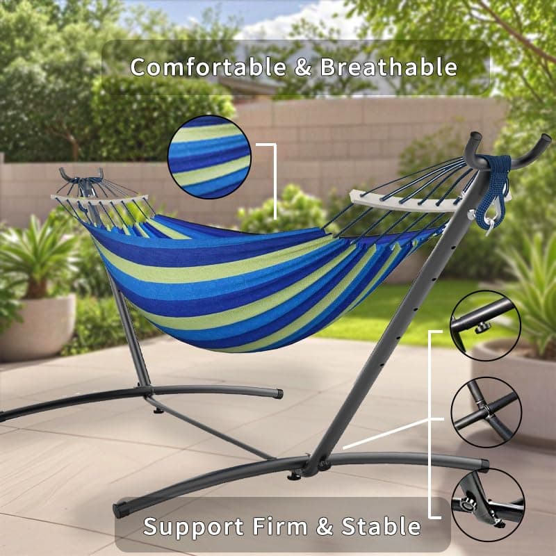 Double Hammock with Stand, 2 Person Hammock with Carrying Bag,Heavy Duty Portable,500 lb Capacity, Perfect for Both Indoors and Outdoors,Wide Blue