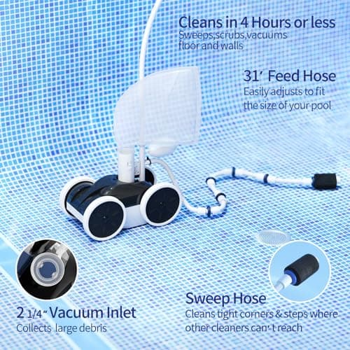 Upgrade Pool Pressure Side Sweeper: Professional Solution for Cleaning Your Swimming Pool (Four Wheels Better Than Three)