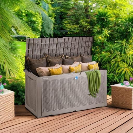VEVOR Deck Box, 100 Gallon Outdoor Storage Box, 48.0" x 21.5" x 24.5", Waterproof PP Deckbox with Aluminum Alloy Padlock, for Patio Furniture, Garden Tools, Outdoor Cushions, Gray