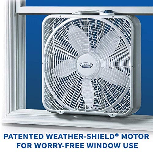 Lasko Weather-Shield Performance Box Fan, 3 Speeds, Innovative Wind Ring System for Up to 30% More Air, Carry Handle for Bedroom, Office, Home, 20 Inch, White, 3720