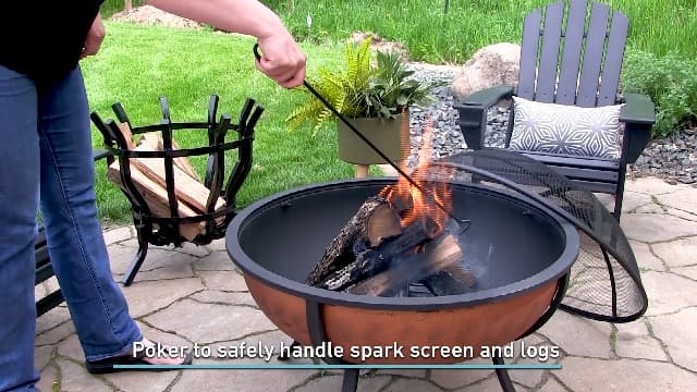 Sunnydaze 32-Inch Steel Fire Pit Bowl - High-Temperature Copper Finish Wood Burning Fire Pit with Screen, Wood Grate, and Poker
