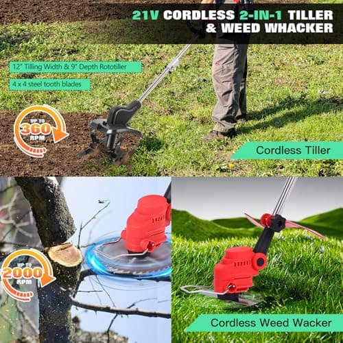 21V Cordless 2-in-1 Tiller & Weed Whacker Combo | 12"x9" Rototiller, 4x4 Blades & 8" Trimmer - 2×21v Battery, 360 RPM for Gardening, Garden Tiller, Electric Tiller, Cultivators for Gardening