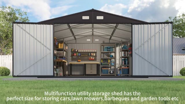 AMERLIFE 13.2x21x8 FT Outdoor Storage Shed, Huge Metal Garage Shed with 2 Double Hinged 4 Windows and Doors, Carport for Car, Truck, Bike, Garbage Can and Lawnmower, Dark Grey