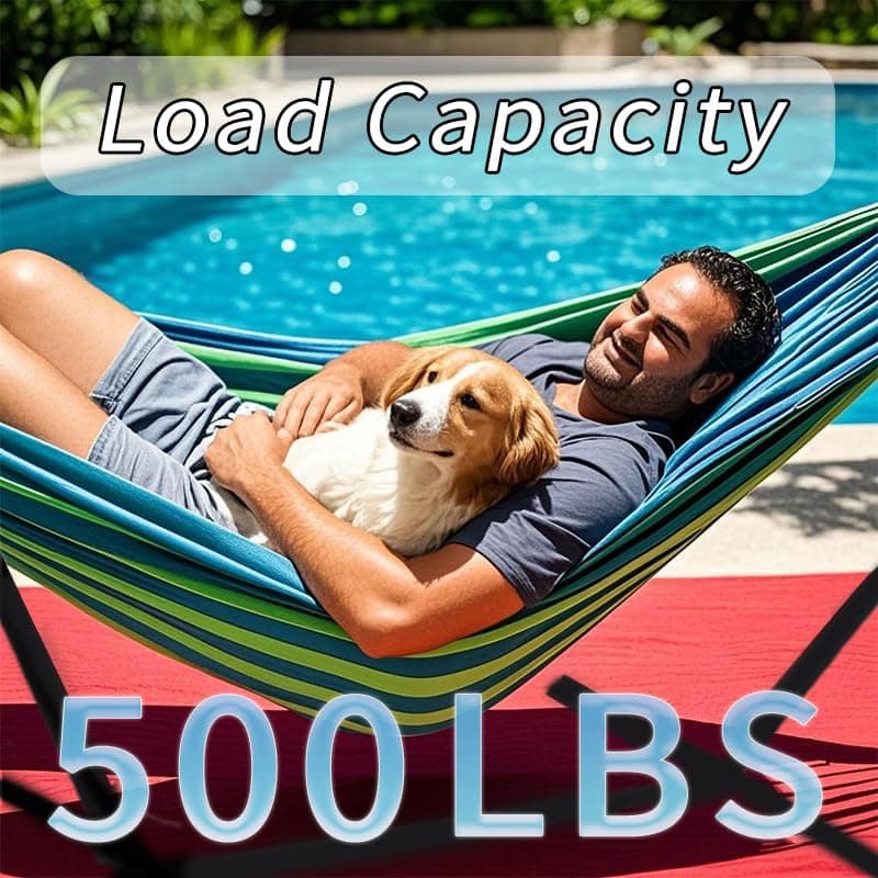 Double Hammock with Stand, 2 Person Hammock with Carrying Bag,Heavy Duty Portable,500 lb Capacity, Perfect for Both Indoors and Outdoors,Wide Blue
