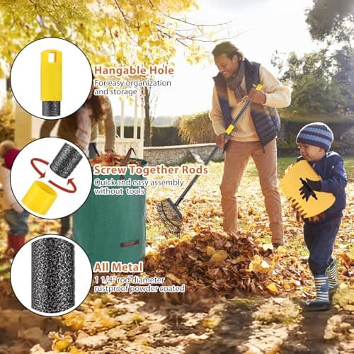 Rake,65 Inch Garden Leaf Rake Set, Wide Heavy Duty Leaves Raking Tools with 25 Metal Tines, 32 Gallon Leaf Bags and Scoops, Yard Garden Thatching Rakes for Lawn Flower Bed Grass Mulch Shrub