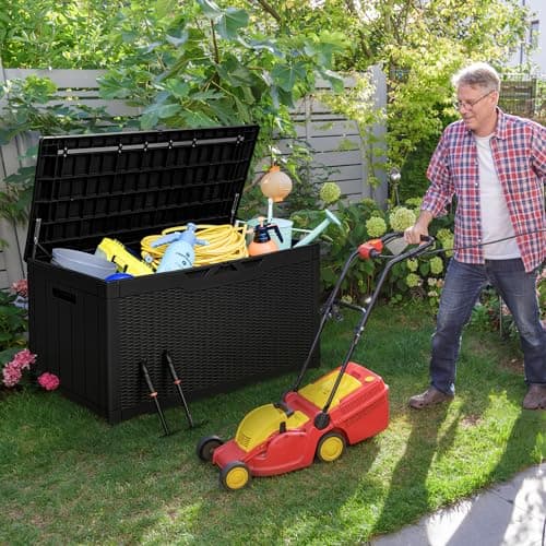 Greesum 100 Gallon Resin Deck Box Large Outdoor Storage with Cushions for Patio Furniture, Garden Tools, Pool Supplies, Weatherproof and UV Resistant, Lockable, Black