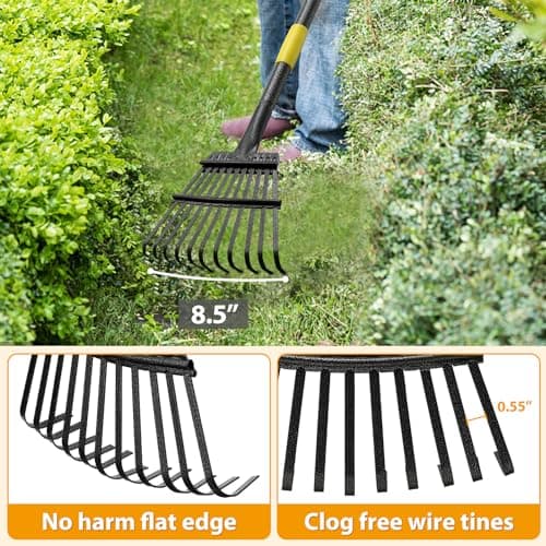Rake, Garden Leaf Rakes for Lawns Heavy Duty, Yard Metal Rake Tools with 9" Small Narrow Rake Head, 65” Adjustable Long Handle, 11 Steel Tines, Quick Clean up Rake for Shrub, Flower Bed, Camping
