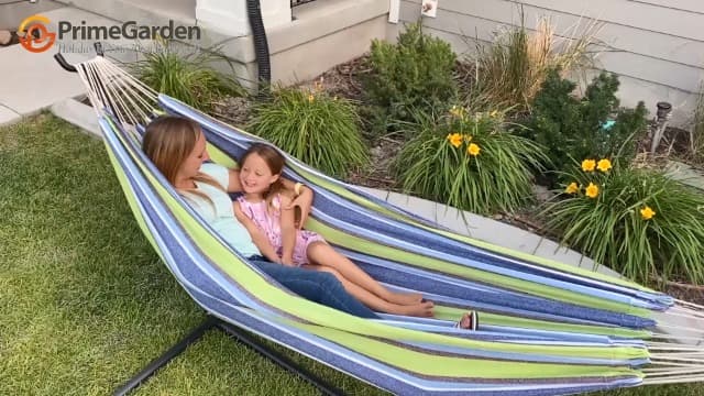 Hammock with Stand for Outside, Heavy Duty Space Saving Steel Stand with 450 lb Capacity,Double Hammock with Portable Carrying Bag, Hamacas para Adultos for Outdoors, Patio, Garden, Yard