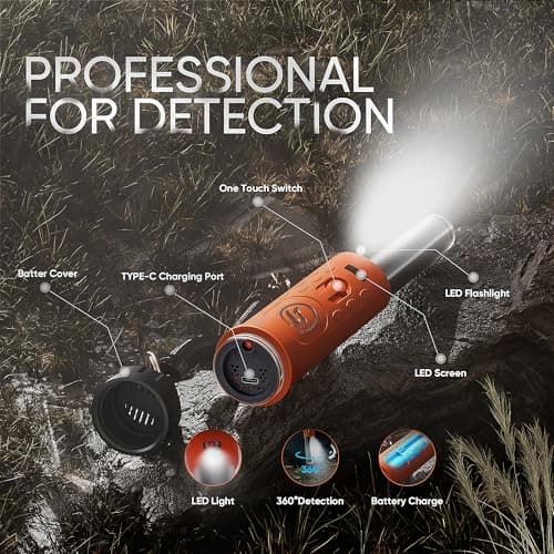 Rechargeable Metal Detector Pinpointer with 1300mAh Battery – IP68 Waterproof Handheld Probe – 360° High Sensitivity Detection Wand – Treasure Hunting Tool for Adults, Kids, Beach and Soil