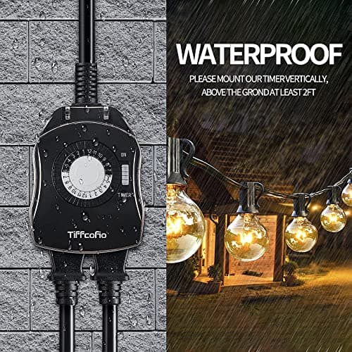 TiFFCOFiO Outdoor Timers Waterproof, 24 Hour Mechanical Outdoor Timer for Lights, Outdoor Outlet Timer, 2 Grounded Outlets for Yard and Garden, 15A 1/2HP, CSA Listed, 2 Pack