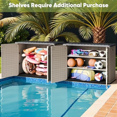 Devoko Outdoor Storage Cabinet 26 Cu Ft with Pad-Lockable Doors, Horizontal Storage Shed Waterproof Patio Tools Storage Box for Sofa Cushions, Gardening Tools and Accessories (Beige)