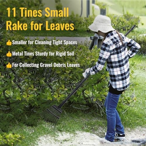 Small Garden Rake for Leaves,11 Tines Heavy Duty Metal Yard Hand Rake with 63in Long Adjustable Handle, Ideal Leaf Scoops Garden Tool for Gathering Leaves, Shrub,Poop, Leveling Grass,Flower Beds,Yards
