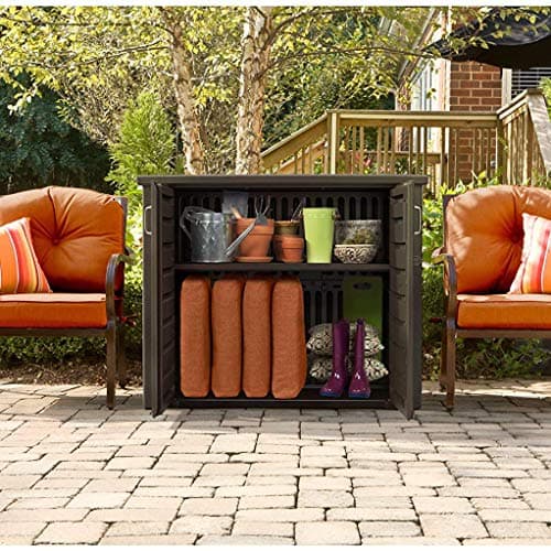 Rubbermaid Decorative Outdoor Storage Cabinet (123 Gal), Weather Resistant, Dark Brown, Organization for Home/Backyard/Pool Chemicals/Toys/Garden Tools/Porch/Patio Cushions
