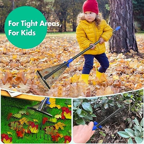 Garden Rake, Leaf Rake with Expandable Head from 9.5 inch to 17 inch, Collapsible Lawn Rakes with 53 Inch Adjustable Handle, Heavy Duty Metal Rakes for Lawn Yard, Flower Beds