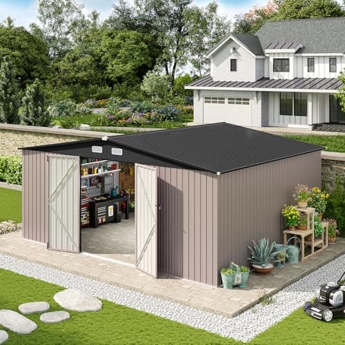 Aoxun 14x12 FT Shed Outdoor Storage Shed 800CUFT, Steel Utility Tool Shed Storage House with Door & Lock, Metal Sheds Outdoor Storage for Garden Patio Lawn Poolside, Brown