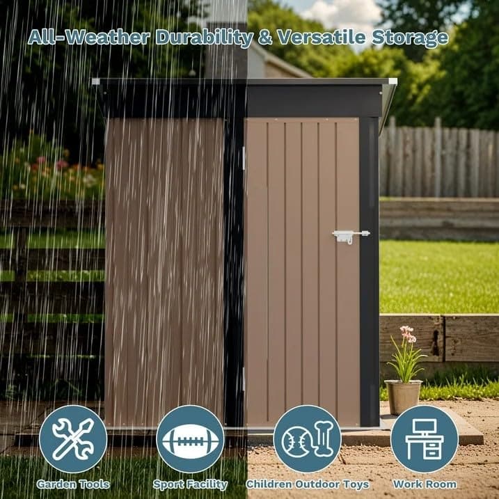 Greesum 5×3 FT Outdoor Storage Shed, Metal Storaged Sheds Without Floor, Tool Sheds with Lockable Doors and Slooping Roof for Garden, Patio, Backyard, Brown