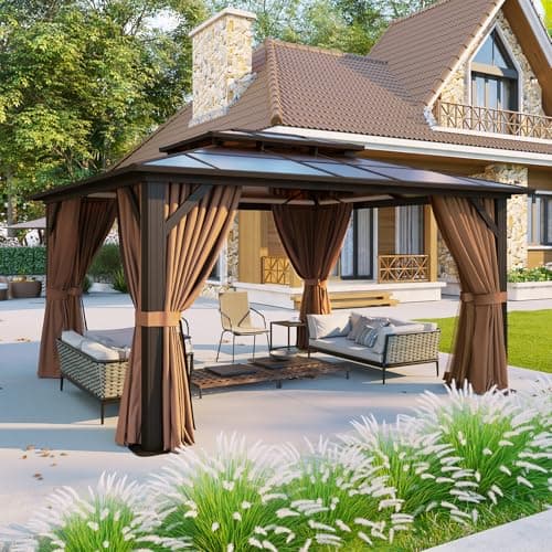 Aoxun 12'x10' Hardtop Gazebo, Aluminum Frame Permanent Pavilion with Curtains and Netting, Outdoor Polycarbonate Double Roof Canopy, Designed for Garden, Lawns, Patio, Brown