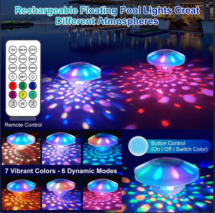 Rechargeable Floating Pool Lights: Remote Control Pool Lights That Float with 6 Dynamic Lighting IP68 Waterproof RGB Upper and Lower Floating Lights for Hot Tub Pool Garden Party 1 Pack