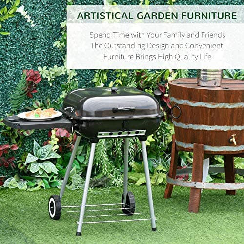 Outsunny Portable Charcoal Grill with Foldable Side Shelf and Bottom Shelf, BBQ Smoker with Wheels and Adjustable Vents on Lid for Picnic Camping Backyard Cooking, Black
