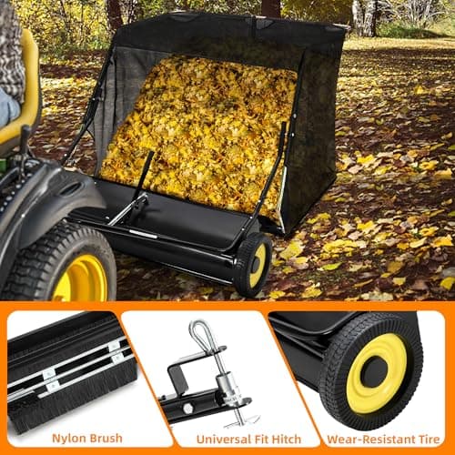 Tow Behind Lawn Sweeper, 44" Pull Behind Lawn Sweeper, Large Capacity Leaf & Grass Collector with Adjustable Sweeping Height and Dumping Rope Design for Picking Up Grass and Debris