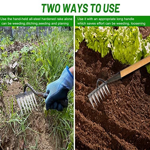 Garden Rake, Gardening Tools Heavy Duty Rake with 7 Metal Tines,Sharp Durable Garden Weeding Tools, All Steel Hardened Hoe Garden Hand Rake Tools for Backyard Lawn Loosening Planting Weeding (7 Tines)