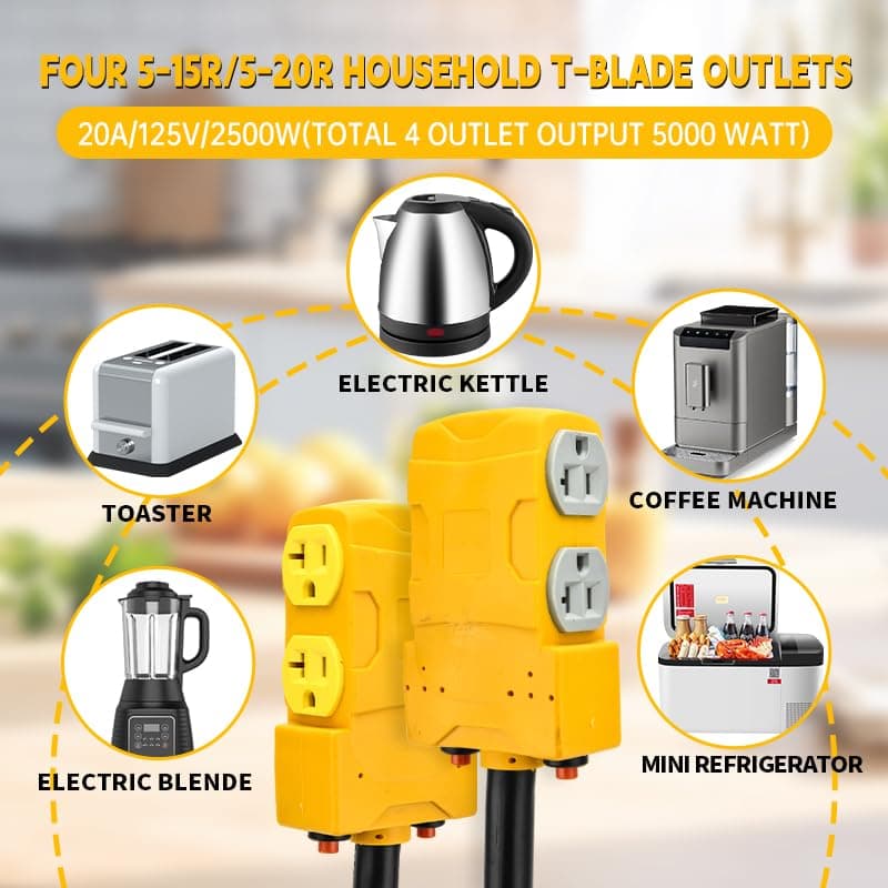 30 Amp to 20 Amp 110V RV Distribution Adapter, TT-30P to 4 X 5-20R/15R RV 4-Prong to Mutiple Household Outlet w/ 20amp Circuit Breaker, RV Generator Distribution Cord Electrical Outlet 1.5FT