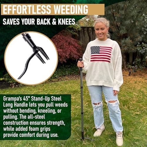 Grampa's Metal Weeder - Stand Up Weed Puller Tool with Steel Long Handle - Made with All Steel Handle & 4-Claw Steel Head - Easily Remove Weeds Without Bending, Pulling, or Kneeling (Black)