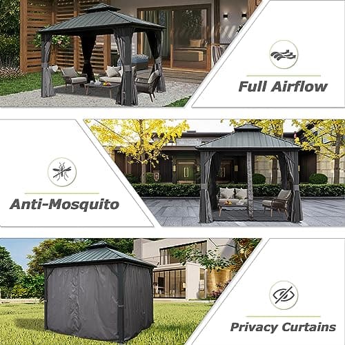 Domi 10' x 10' Hardtop Gazebo Outdoor Metal Gazebo with Galvanized Steel Double Roof Canopy, Curtains and Netting for Patio, Backyard, Deck, Lawn, Grey