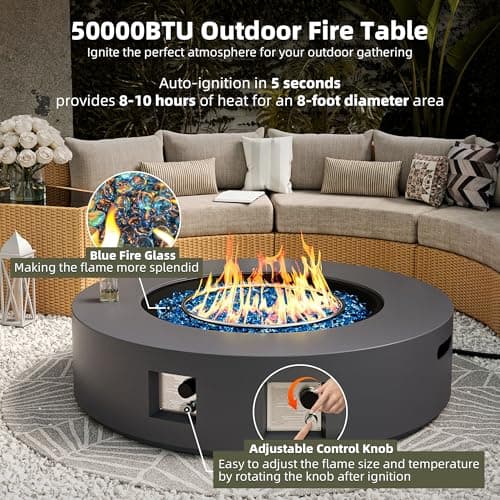 UPHA 42-inch Outdoor Propane Gas Fire Pit Table 50000 BTU Concrete Round FirePit for Outside Patio with Propane Tank Cover, Blue Glass Rocks, Rain Cover, Grey