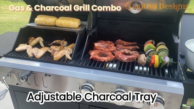 Captiva Designs Propane Gas Grill and Charcoal Grill Combo with Side Burner & Porcelain-Enameled Cast Iron Grate, Dual Fuel BBQ Grill for Outdoor Events & Backyard Barbecue, 690 SQIN Cooking Area