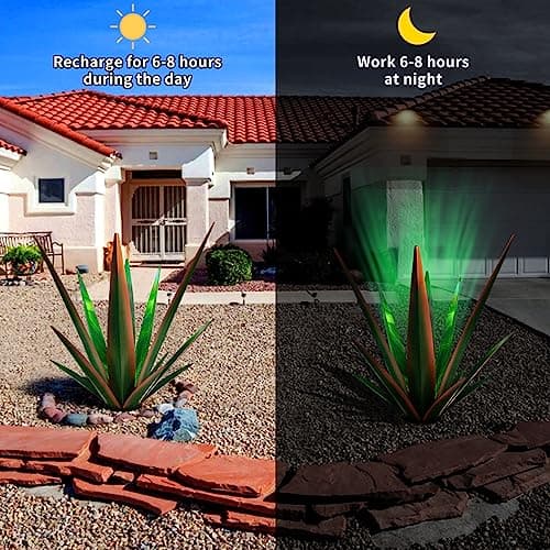 Large Tequila Rustic Sculpture, Rustic Metal Agave Plants for Outdoor Patio Yard, Home Decor Hand Painted Metal Agave Garden Yard Statue, Outdoor Lawn Ornaments (Red - L (W/Solar Light))