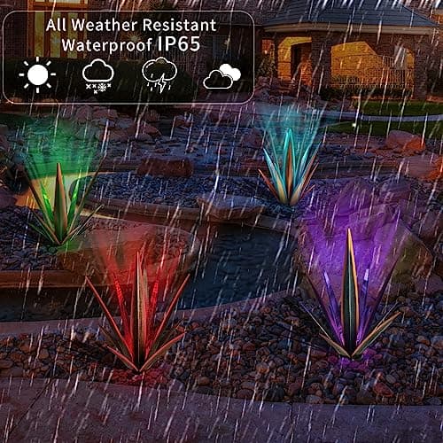 Large Tequila Rustic Sculpture, Rustic Metal Agave Plants for Outdoor Patio Yard, Home Decor Hand Painted Metal Agave Garden Yard Statue, Outdoor Lawn Ornaments (Red - L (W/Solar Light))