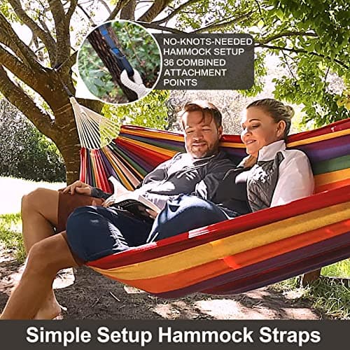 Brazilian Double Hammock with Tree Straps,Extra Large 240x160cm,2 Persons Hammock for Backyard Patio Outdoor and Indoor,450lbs Weight Capacity,Soft Woven Cotton Fabric Red Stripe