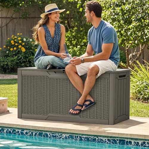 YITAHOME 80 Gallon Outdoor Storage Box, Large Water Resistant Resin Deck Box, Indoor Outdoor Lockable Rattan Storage Container for Patio, Garden, Cushions, Tools, Equipment (Taupe)
