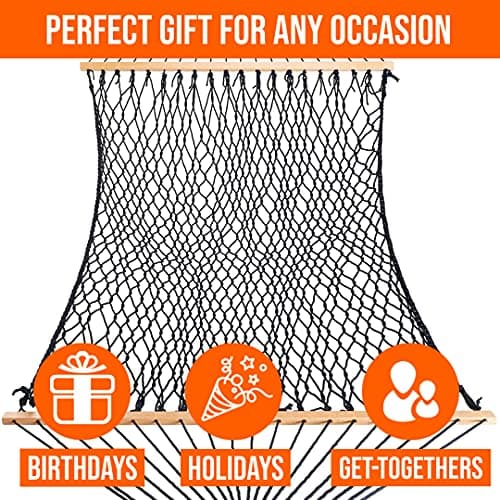 Castaway Living 13 ft. Double Traditional Hand Woven Navy Polyester Rope Hammock with Free Extension Chains, and Tree Hook, for 2 People with a Weight Capacity of 450 lbs.