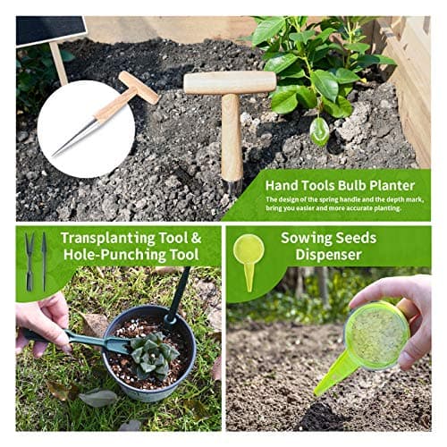 Gardtech Bulb Planter Tool, 4pcs Garden Tool Set, Includes Wood Handle Handheld Dibber Measurements Dibbler, Bamboo Plant Tags Labels, Seed Dispenser Kit, Mark Pen