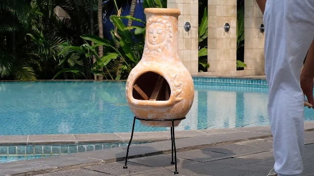 Wiosi Medium Chiminea Outdoor Fireplace Clay Chimineas with Chimney Rain Lids and Solid Metal Stands - Yellow Terracotta Chimenea - Rustic Fire Pit Chimnea 16 x 16 x 32-inch